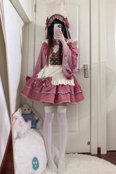 Ensemble Jupe Princesse Sweet Lolita à Pois Imprimé Fraise à Nœud Papillon Multicouche Rose
